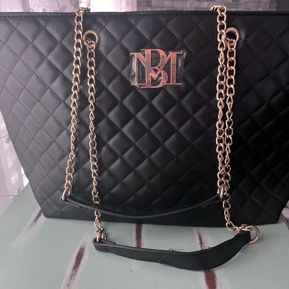Badgley Mischka Black Quilted Shoulder Bag with Gold Chain